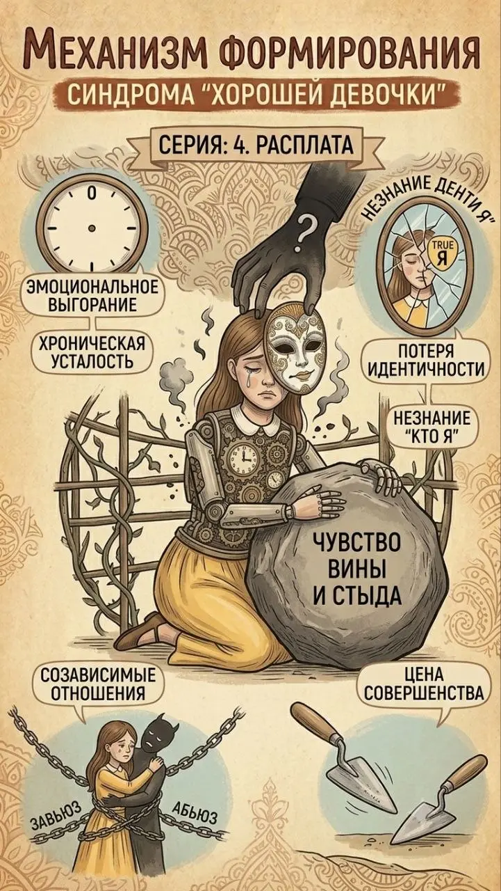Откуда берётся «хорошая девочка»? Пошаговый механизм формирования ⚙️💔
​Синдром хорошей девочки не рождается на пустом месте. Это не врождённая черта характера, а чётко выученный механизм | Сетка — социальная сеть от hh.ru