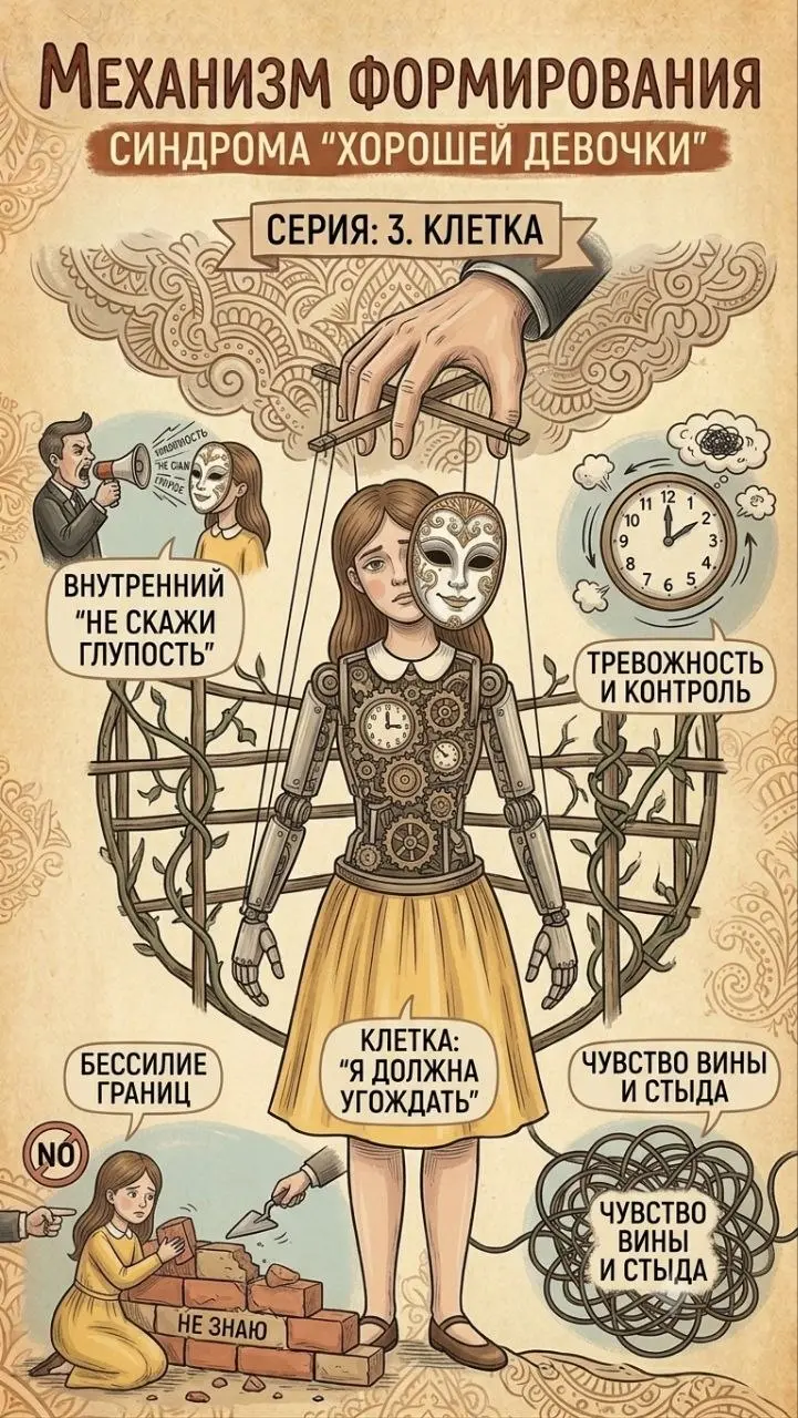 Откуда берётся «хорошая девочка»? Пошаговый механизм формирования ⚙️💔
​Синдром хорошей девочки не рождается на пустом месте. Это не врождённая черта характера, а чётко выученный механизм | Сетка — социальная сеть от hh.ru