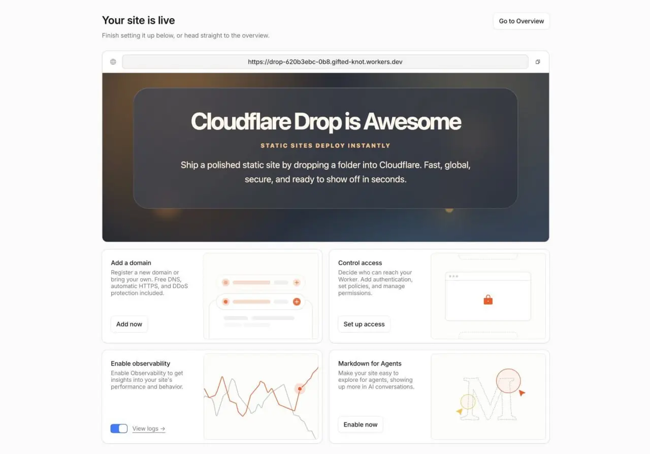 Cloudflare запустила сервис Drop: https://cloudflare.com/drop/
Достаточно загрузить папку или ZIP-архив — и сайт мгновенно станет доступен в интернете без необходимости входить в аккаунт | Сетка — социальная сеть от hh.ru