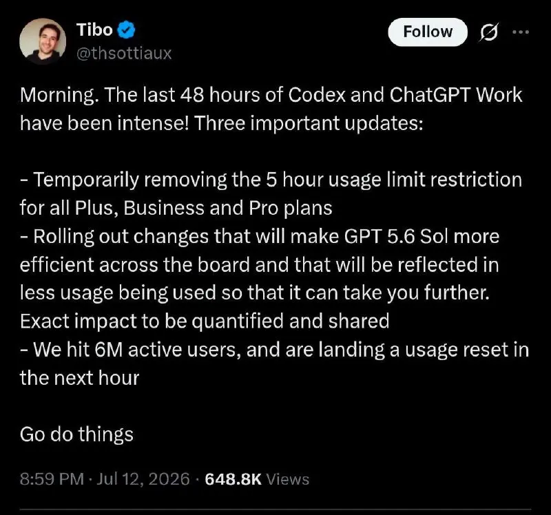Итак
OpenAI убрал 5 часовые лимиты, оставил только недельные, починил прожарливость Sola и сбросил лимиты перед началом рабочей недели | Сетка — социальная сеть от hh.ru