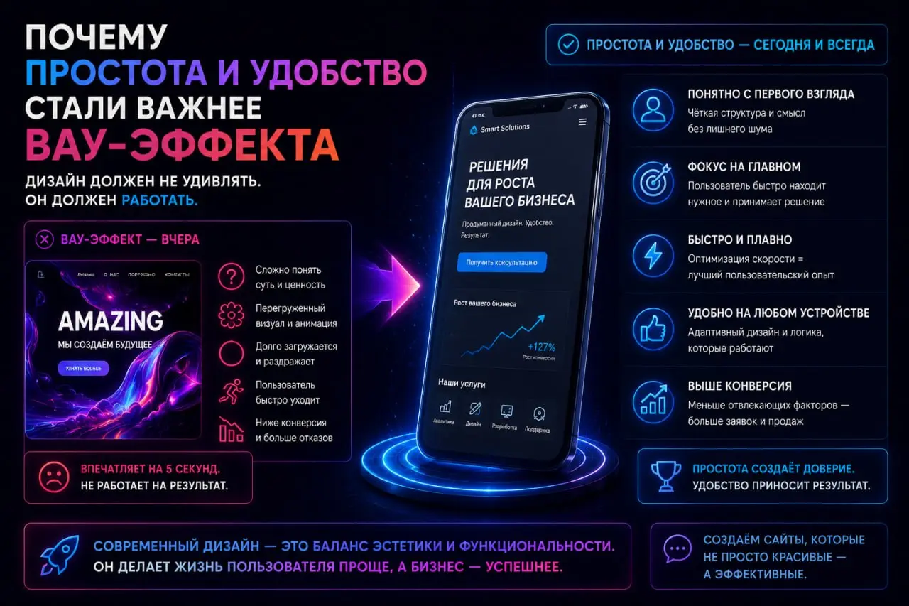 Почему простота и удобство стали важнее вау-эффекта
Раньше многие пытались сделать сайт с эффектами, анимацией и “вау-факторами”, думая, что это привлечёт клиентов | Сетка — социальная сеть от hh.ru