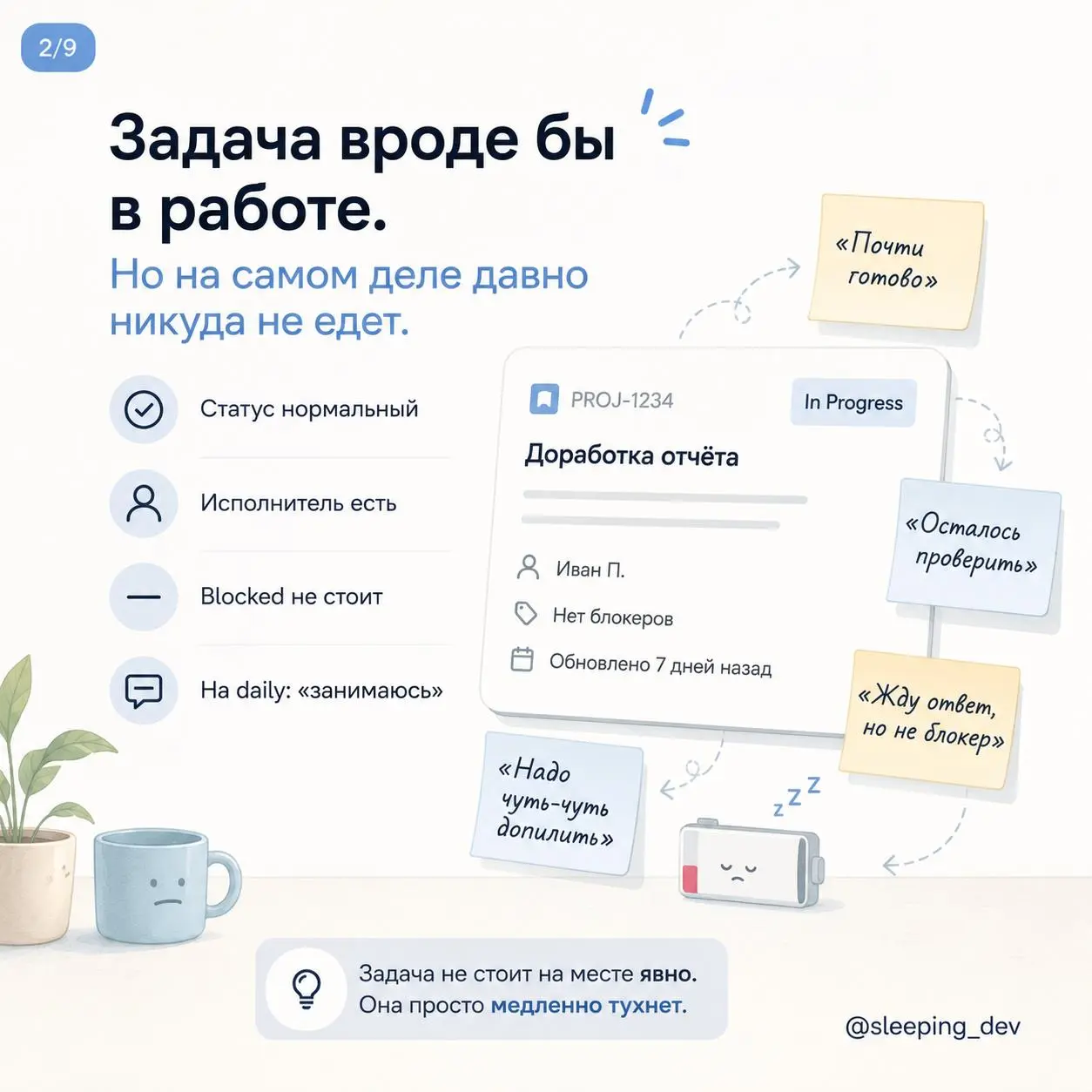 Age of Work: как найти задачи, которые начали тухнуть
Есть неприятный тип задач: они вроде бы в работе, но на самом деле давно никуда не едут.
В Jira статус нормальный.
Исполнитель есть | Сетка — социальная сеть от hh.ru