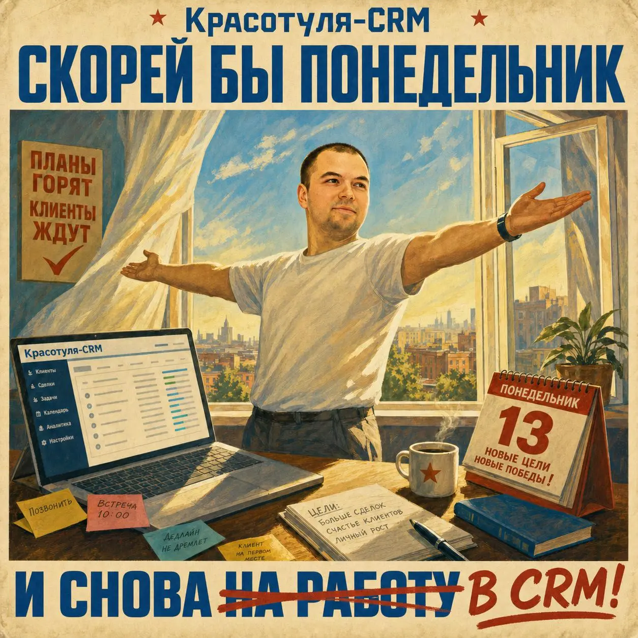 Всем привет!
Надеюсь сегодня у вас настроение такое же как у меня - боевое :)
Хорошей недели! | Сетка — социальная сеть от hh.ru