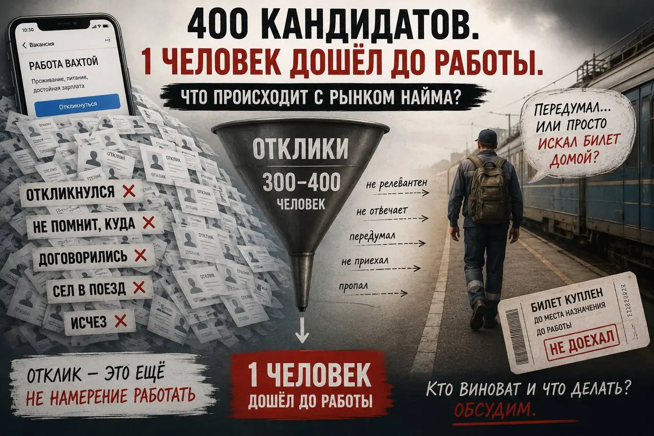 400 кандидатов. Один человек дошёл до работы. Кажется, с рынком найма происходит что-то странное
Сейчас скажу вещь, после которой меня, возможно, обвинят в том, что я не умею подбирать персонал | Сетка — социальная сеть от hh.ru