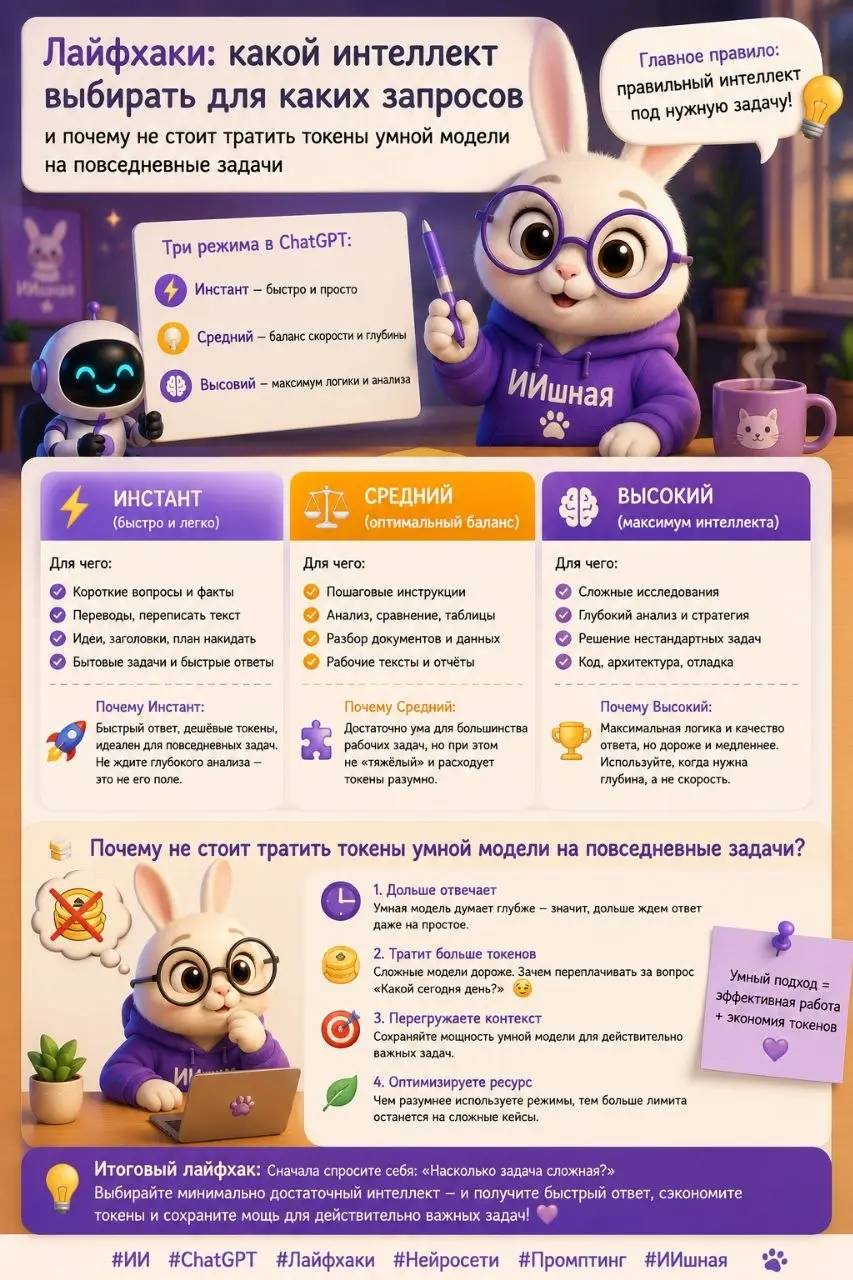 Какой интеллект выбрать, чтобы не стрелять из пушки по котикам
Представьте, что у ChatGPT есть три режима: быстрый котик, вдумчивый помощник и профессор, который проверяет решение несколько раз | Сетка — социальная сеть от hh.ru