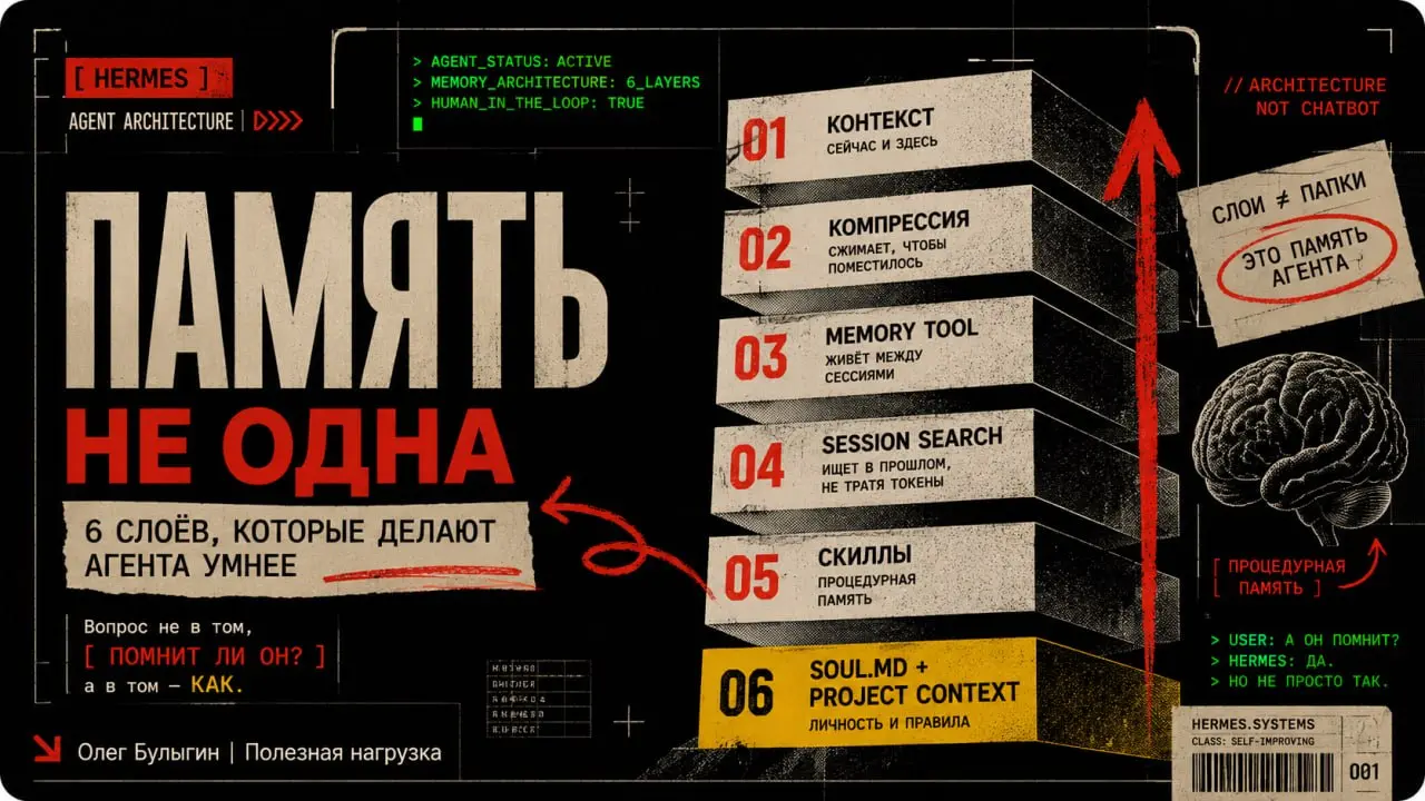 🧠 «А он помнит, о чём мы говорили в прошлый раз?»
Базовый вопрос — как работает память агентных систем. У Hermes шесть слоёв памяти!
Слой 1 — Контекст | Сетка — социальная сеть от hh.ru