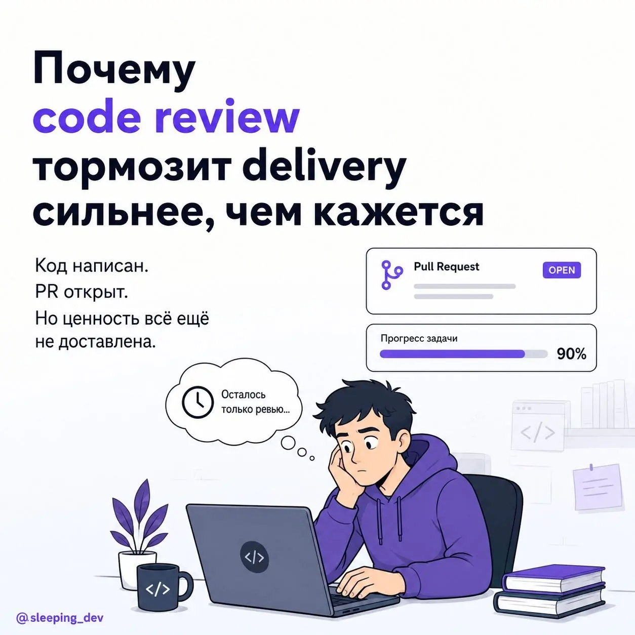 Почему code review тормозит delivery сильнее, чем кажется
Разработчик говорит:
"Я задачу сделал".
В Jira задача почти готова.
Код написан.
PR открыт.
Осталось только ревью | Сетка — социальная сеть от hh.ru