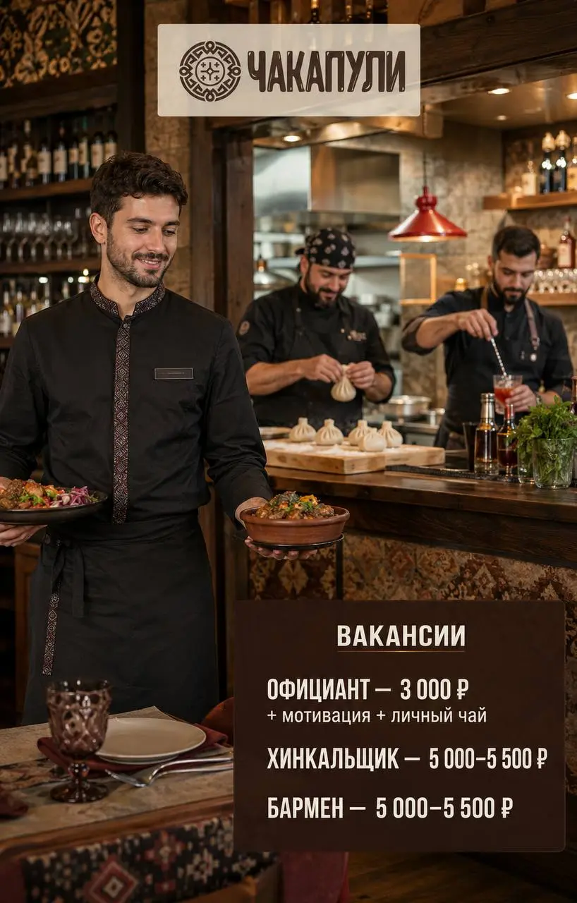 1️⃣ОФИЦИАНТ,
2️⃣ХИНКАЛЬЩИК,
3️⃣БАРМЕН
Чакапули
• Москва, м. Славянский бульвар
• Рестораны/Кафе
• +79685614174
Полное описание вакансии размещено в Телеграм и Макс | Сетка — социальная сеть от hh.ru