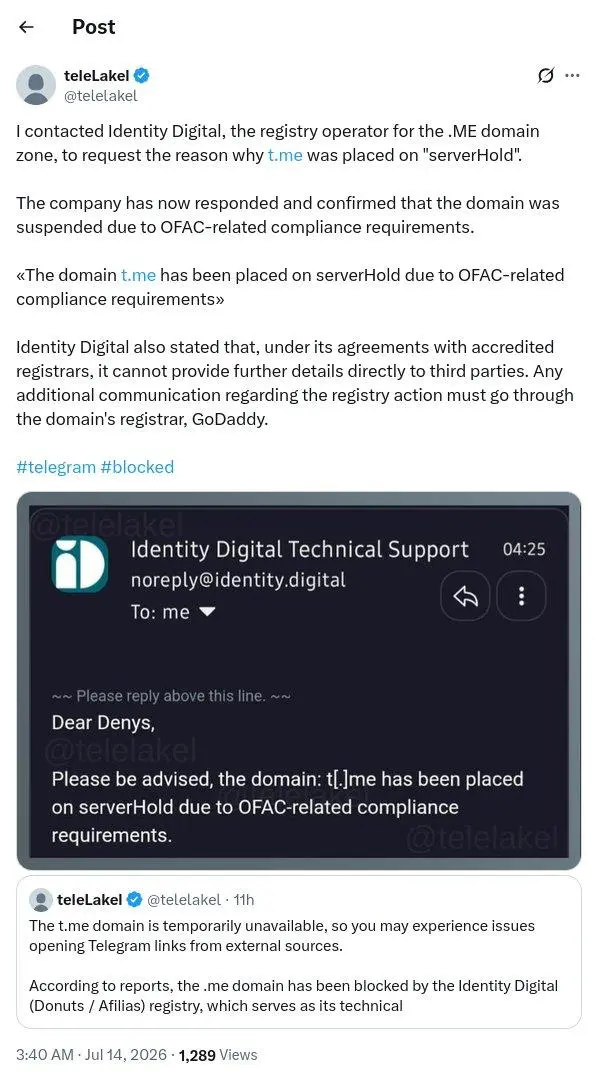 Ссылки t.me умерли, а потом ожили. Что это было:
13 июля, Минфин США (OFAC) добавил в санкционный список сервис First VPN Service, потому что по данным ФБР им пользовались ransomware-группы | Сетка — социальная сеть от hh.ru