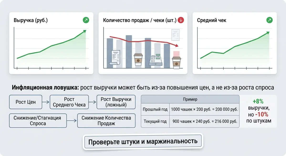 📈 Выручка выросла? Не спешите открывать шампанское!
Многие управляющие, взглянув на отчет о среднем чеке и график «Выручка этого года к прошлому», радуются: «Плюс 15%! Мы растем!» Но не спешите с выво... | Сетка — социальная сеть от hh.ru