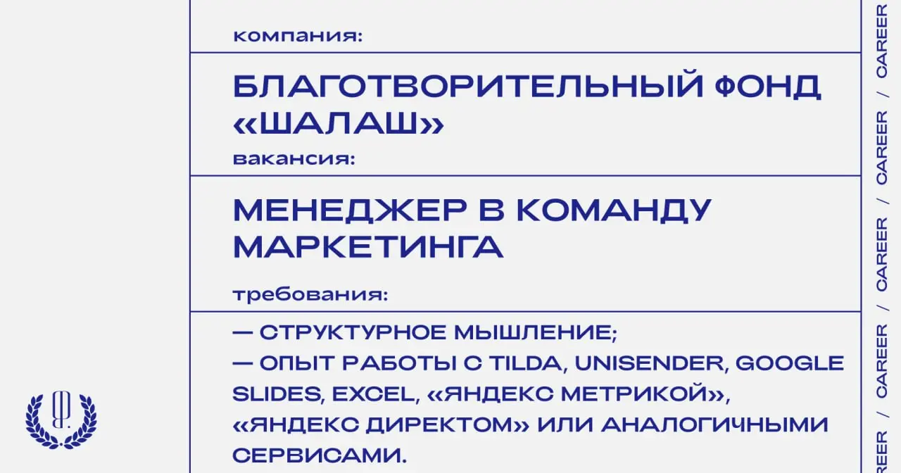 Благотворительный фонд «Шалаш» ищет менеджера в команду маркетинга.
https://theblueprint | Сетка — социальная сеть от hh.ru