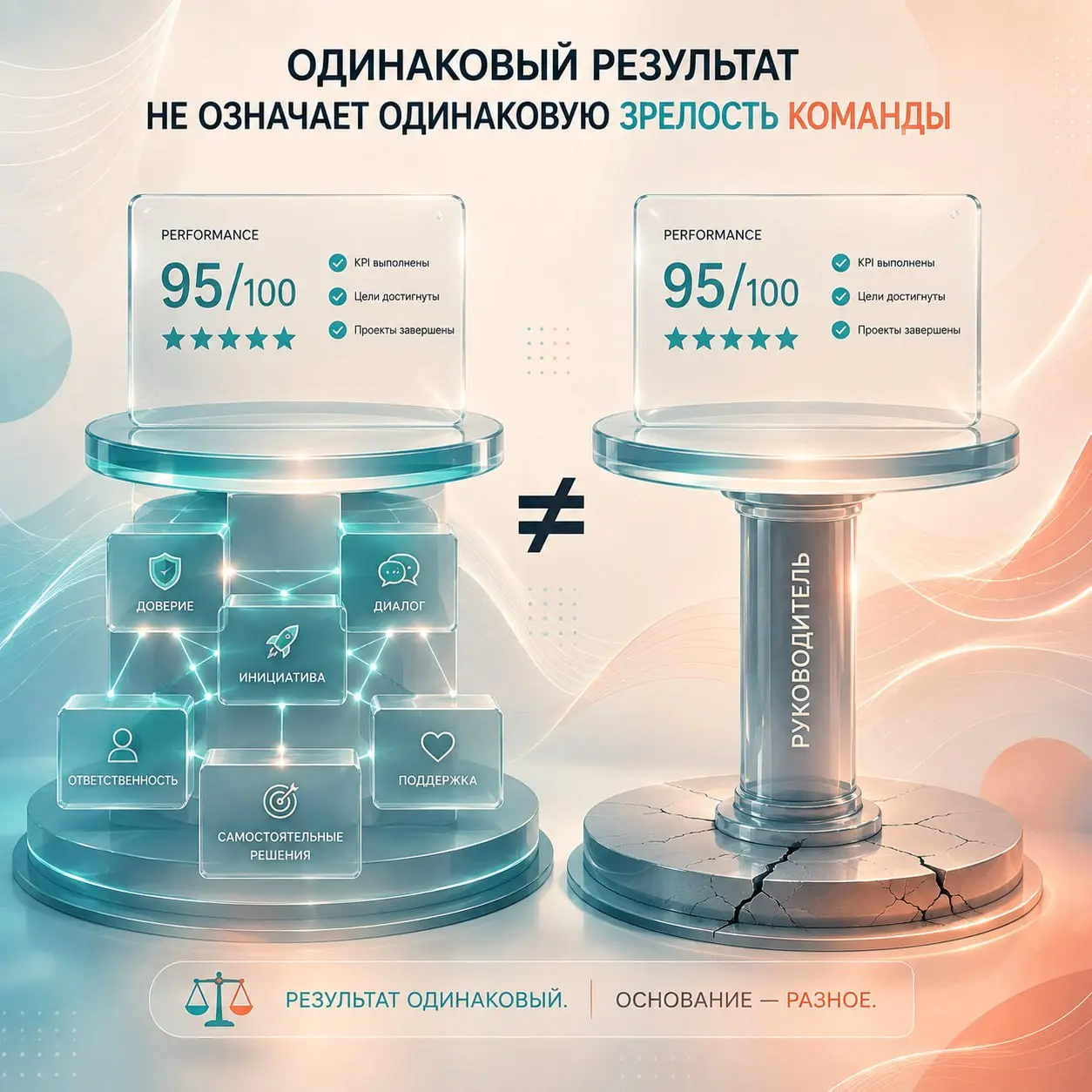 Почему результаты команды — не единственный показатель руководителя
Самый недооцененный KPI руководителя —качество взаимодействия команды
Иногда две команды показывают одинаково высокие результаты | Сетка — социальная сеть от hh.ru