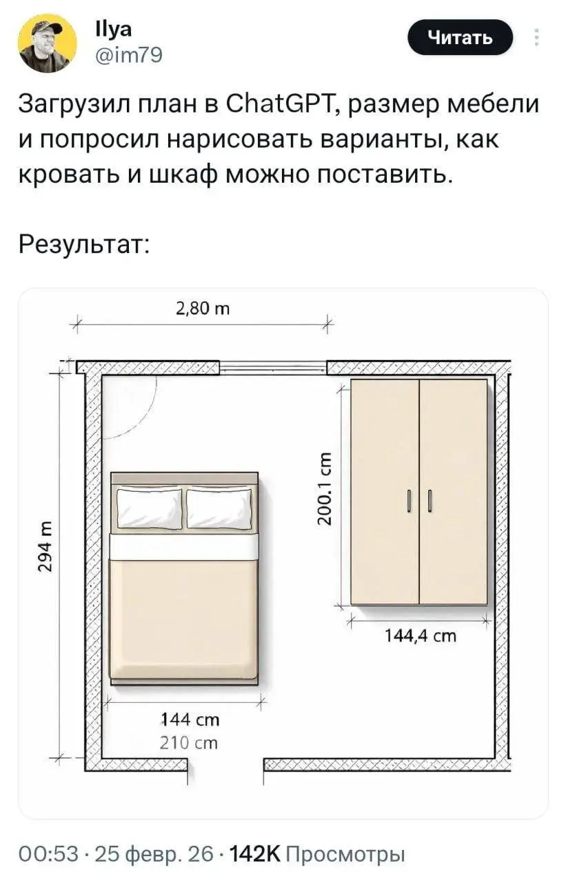ChatGPT заменит дизайнеров интерьера
Но не сегодня.
Человек загрузил планировку комнаты и размеры мебели, после чего попросил нейросеть оптимально расставить кровать и шкаф | Сетка — социальная сеть от hh.ru
