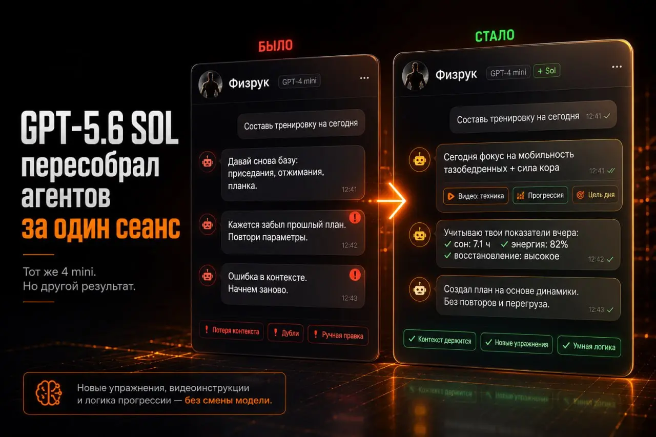 Месяцами чинил одни и те же баги у своих агентов, GPT-5.6 Sol нашел три причины за один сеанс⚡️
У меня два личных агента, Физрук и Штурман (рассказывал про них раньше) | Сетка — социальная сеть от hh.ru