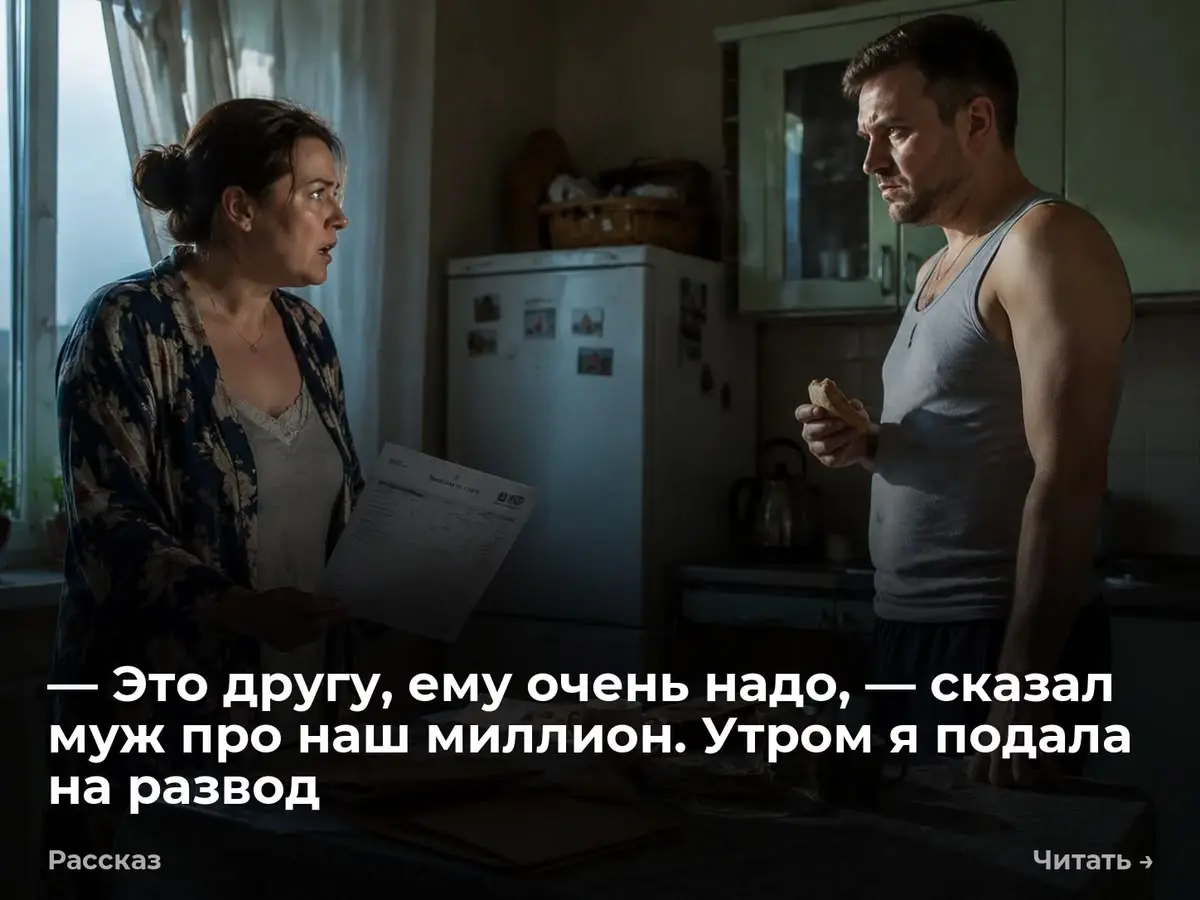 — Это другу, ему очень надо, — сказал муж про наш миллион. Утром я подала на развод
— Кому ты перевел миллион двести тысяч?! — Оксана швырнула на стол выписку из банка | Сетка — социальная сеть от hh.ru