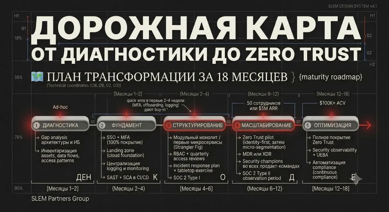 ДОРОЖНАЯ КАРТА: ОТ ДИАГНОСТИКИ ДО ZERO TRUST ЗА 18 МЕСЯЦЕВ
🗺️ Модель зрелости:
5 уровней: от Ad-hoc (монолит, ручное развёртывание, нет CISO) до Optimized (self-healing архитектура, AI-driven security... | Сетка — социальная сеть от hh.ru