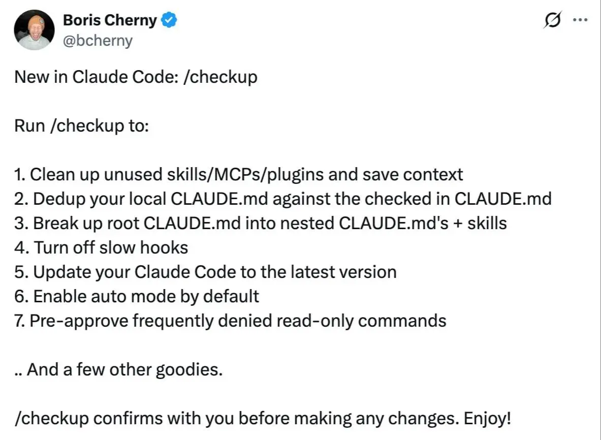 🤖 В Claude Code завезли ускорение — автор агента Борис Черный добавил новую команду /checkup
Она вычищает всё, что тормозит работу: неиспользуемые скиллы, плагины, MCP‑серверы, дубли в claude md, мусо... | Сетка — социальная сеть от hh.ru