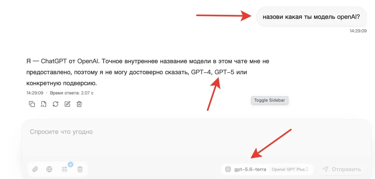 Вот смотрите: я, так сказать, общаюсь с китайской версией OpenAI GPT-5.6 Terra.
Она утверждает, что она GPT-5, но не указывает конкретную версию | Сетка — социальная сеть от hh.ru