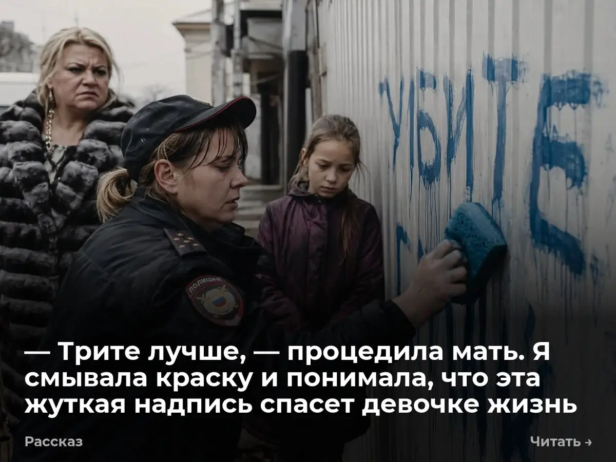 — Трите лучше, — процедила мать. Я смывала краску и понимала, что эта жуткая надпись спасет девочке
— Трите лучше, госпожа майор, — процедила сквозь зубы Инна, плотнее запахивая кашемировое пальто | Сетка — социальная сеть от hh.ru