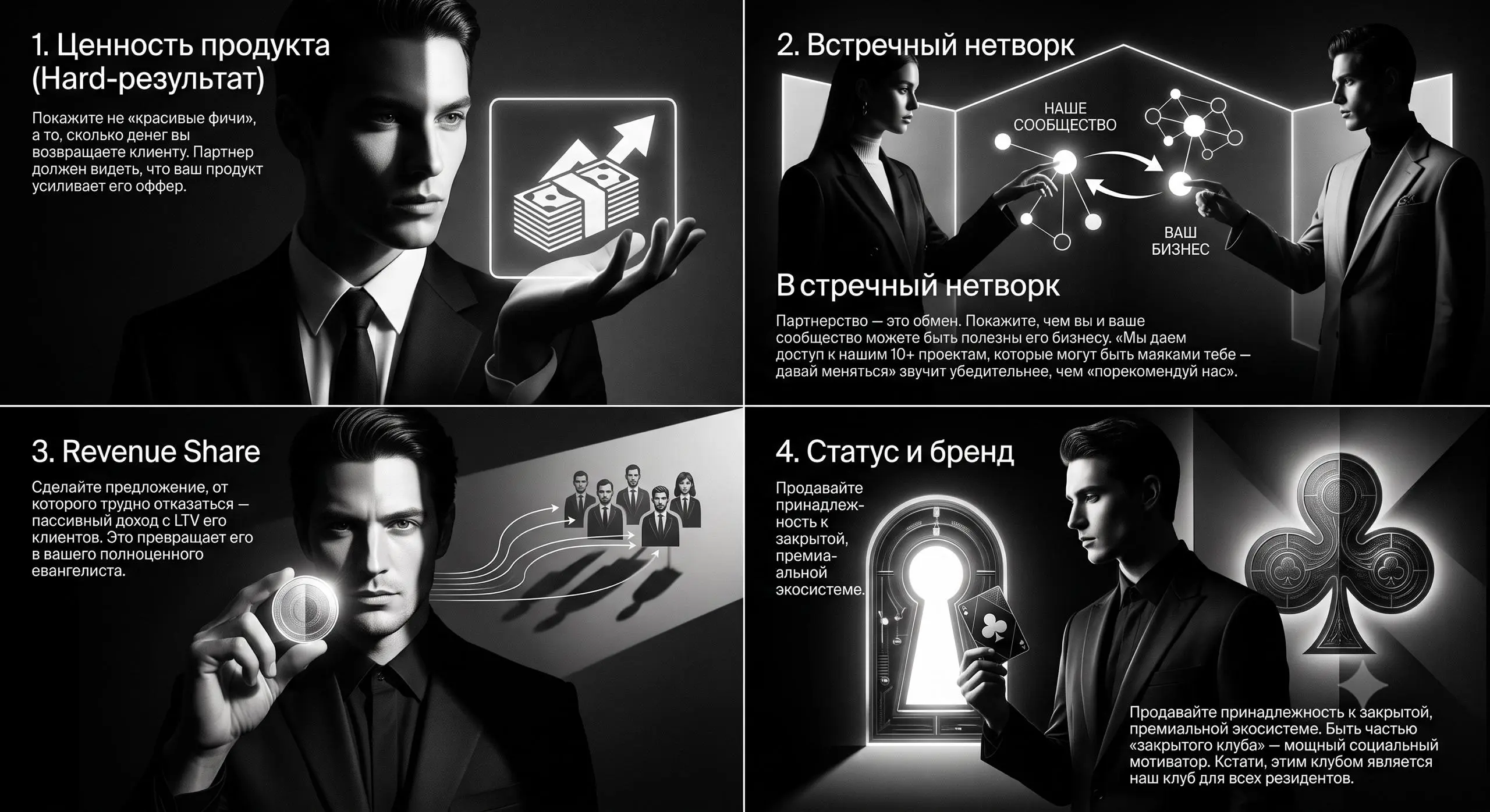 Как договориться с «Маяком»? 4 рычага влияния
Чтобы партнер захотел делиться базой, на встрече нужно «пробросить» 4 ключевых тезиса:
1. Ценность продукта (Hard-результат) | Сетка — социальная сеть от hh.ru