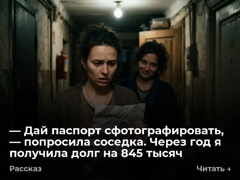 — Дай паспорт сфотографировать, — попросила соседка. Через год я получила долг на 845 тысяч
— Сумма вашей задолженности составляет 845 тысяч 210 рублей. Лена стояла в коридоре с серым бланком | Сетка — социальная сеть от hh.ru
