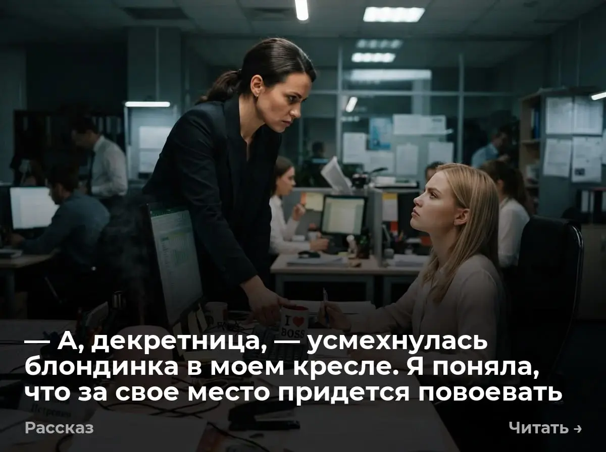 — А, декретница, — усмехнулась блондинка в моем кресле. Я поняла, что за свое место придется повоева
Оксана толкнула стеклянную дверь кабинета | Сетка — социальная сеть от hh.ru
