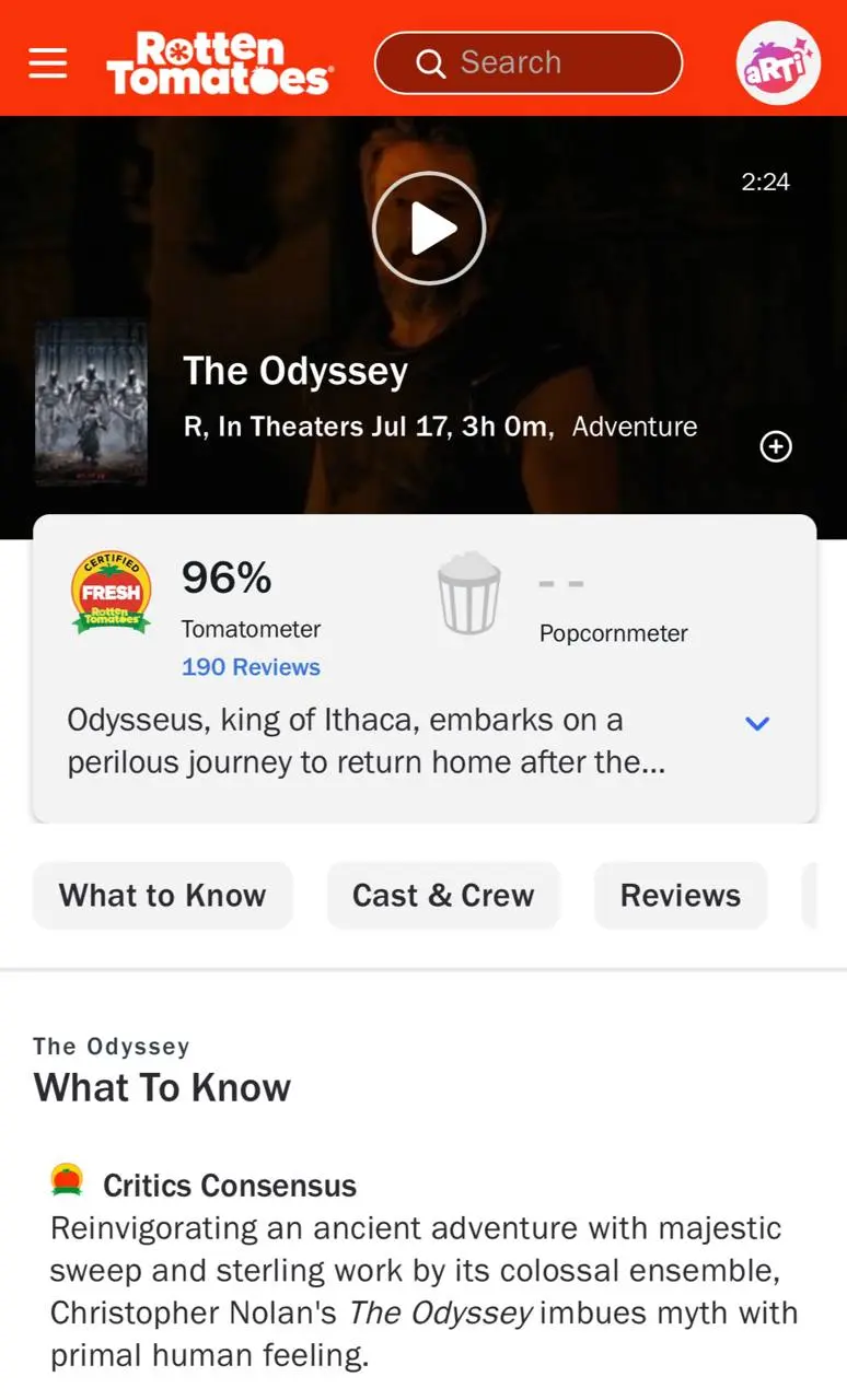 Критики оценили «Одиссею» Кристофера Нолана на 96% «свежести» по итогам ста рецензий.
По цифрам это самый рейтинговый фильм Нолана. | Сетка — социальная сеть от hh.ru