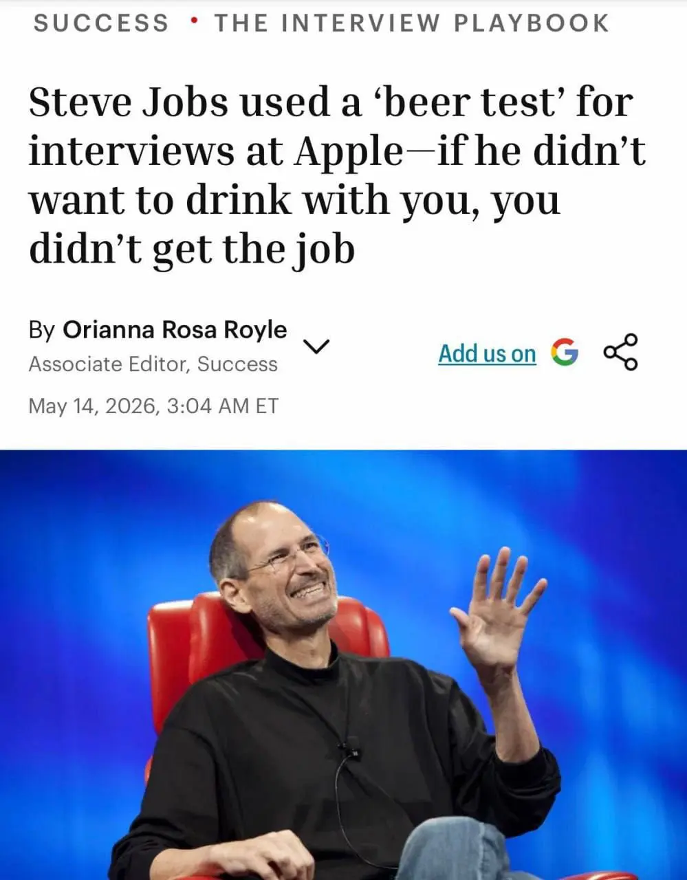 Стив Джобс нанимал людей по “правилу пива” 🍺
Во время найма в Apple Джобс смотрел не только на резюме и навыки | Сетка — социальная сеть от hh.ru