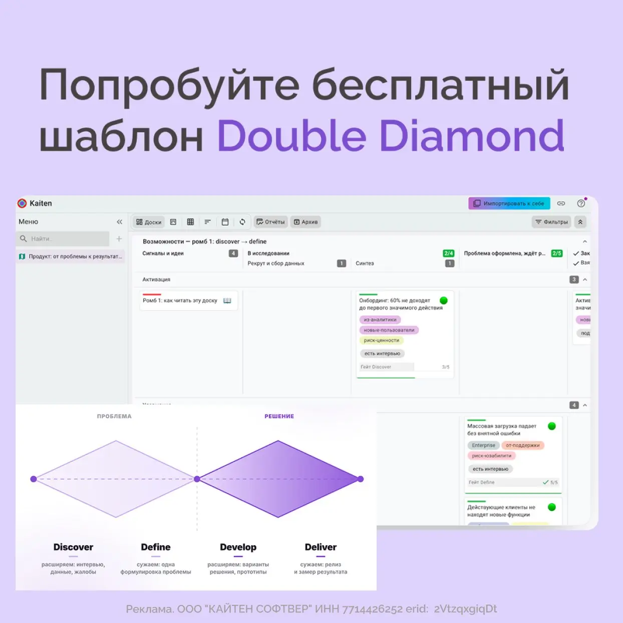 Двойной алмаз
Есть такой фреймворк Double Diamond (Двойной алмаз) - по сути это визуализация дизайн мышления | Сетка — социальная сеть от hh.ru