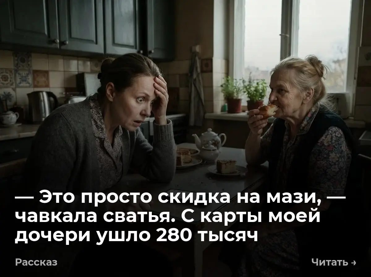— Это просто скидка на мази, — чавкала сватья. С карты моей дочери ушло 280 тысяч
— С твоего счета списали двести восемьдесят тысяч, — прошептала Марина, роняя телефон на стеклянный стол | Сетка — социальная сеть от hh.ru