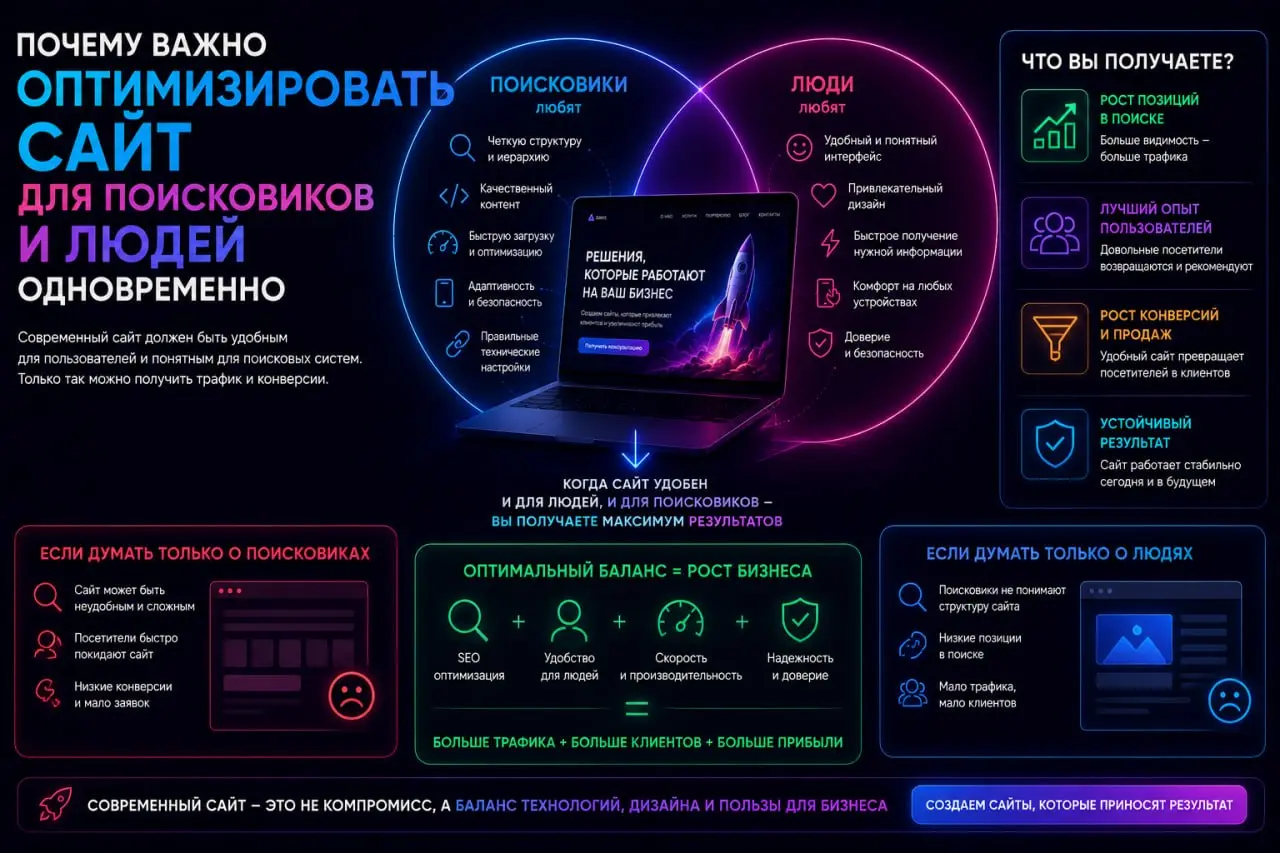 Почему важно оптимизировать сайт для поисковиков и людей одновременно
Оптимизация сайта — это не только про поисковики. Многие думают: «Добавим ключевые слова — и заявки пойдут» | Сетка — социальная сеть от hh.ru