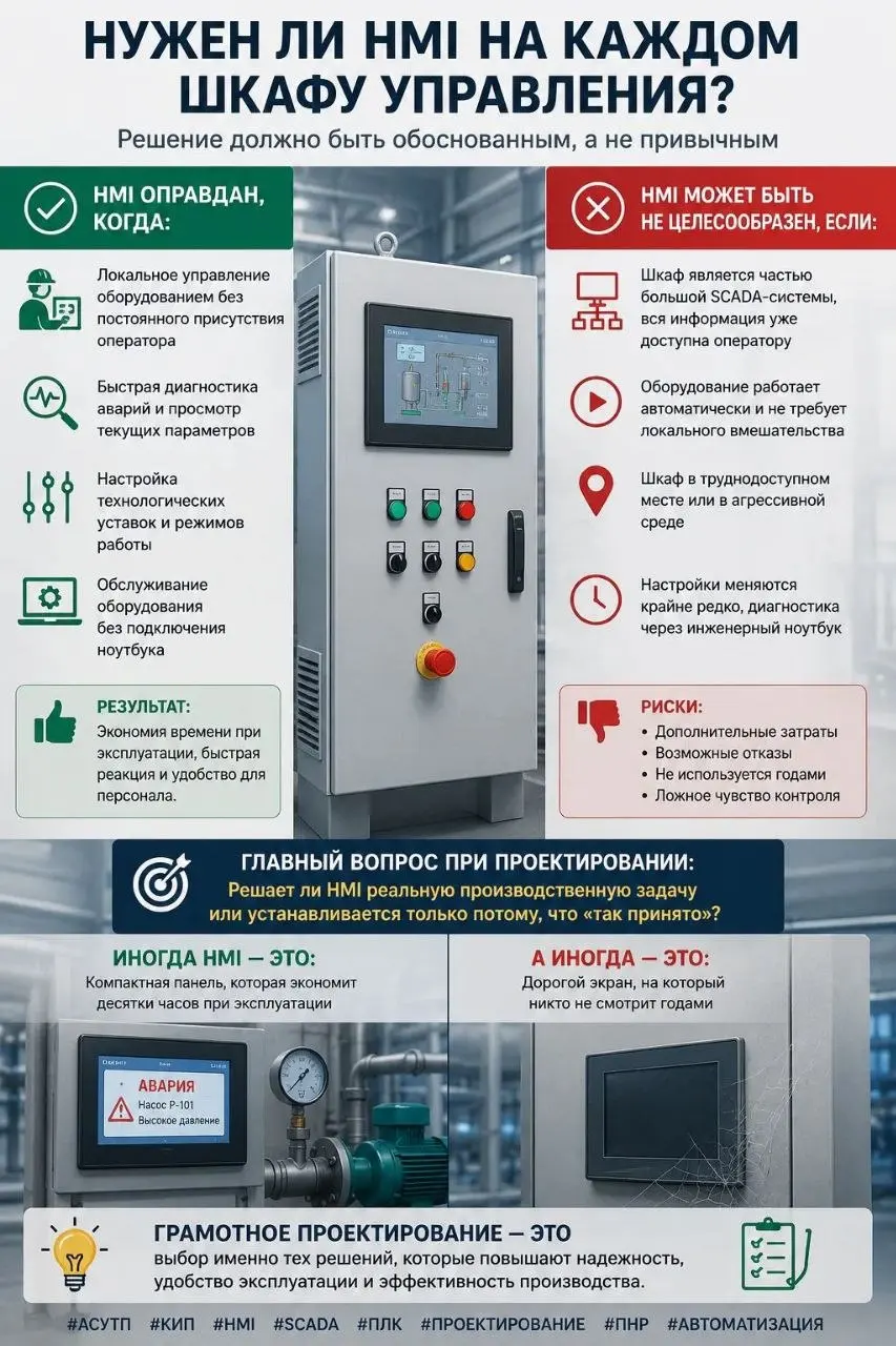 Нужен ли HMI на каждом шкафу управления?
На первый взгляд ответ очевиден: конечно нужен. Чем больше информации у оператора, тем удобнее работать.
Но на практике все не так однозначно | Сетка — социальная сеть от hh.ru