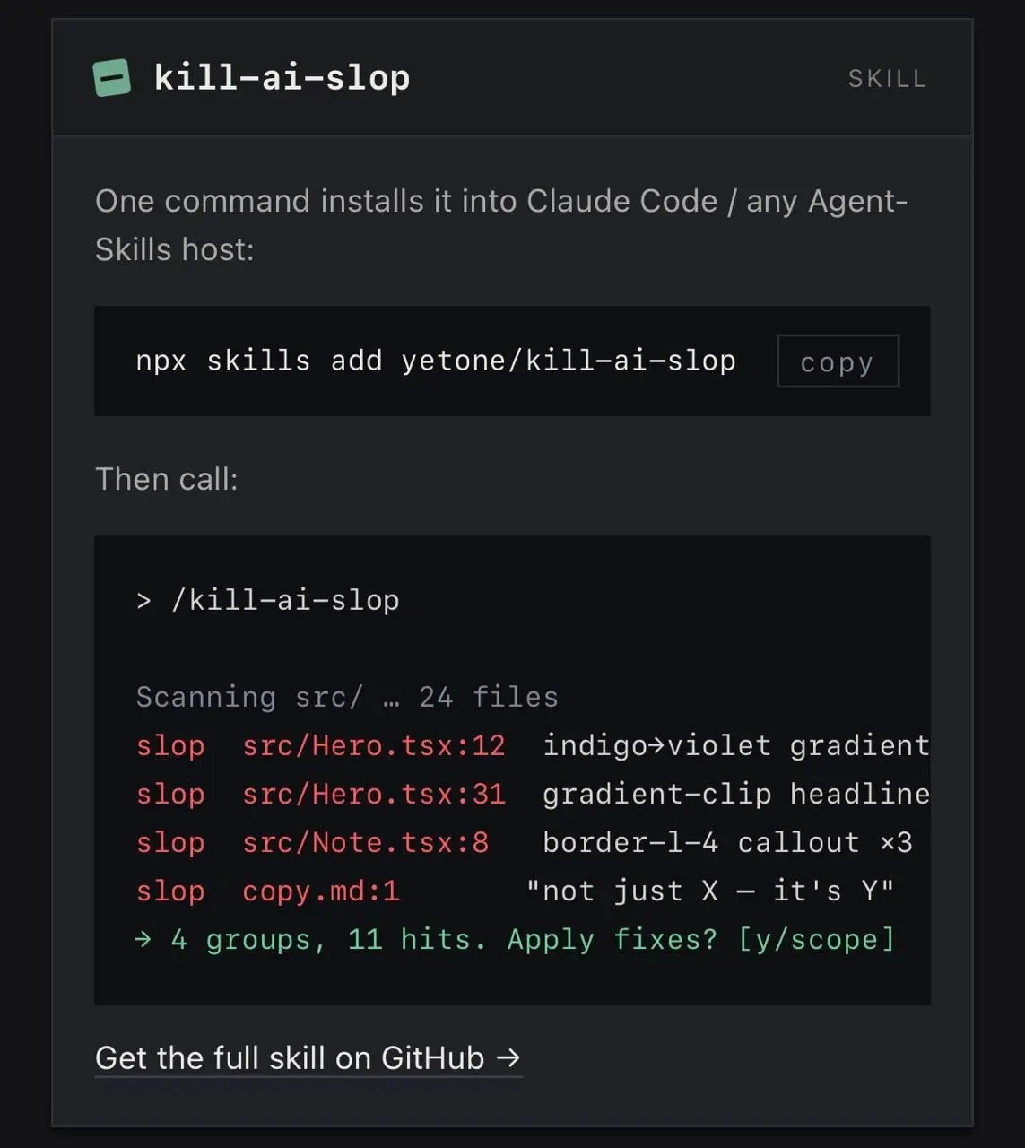 🚨 ТВОЙ КОД СИЛЬНО ПАХНЕТ ИИ 🚨
Нашли тулзу kill-ai-slop, которая вычищает все следы нейросетевого генератора из твоего проекта, превращая «машинную кашу» в чистый, профессиональный код 💻✨ | Сетка — социальная сеть от hh.ru