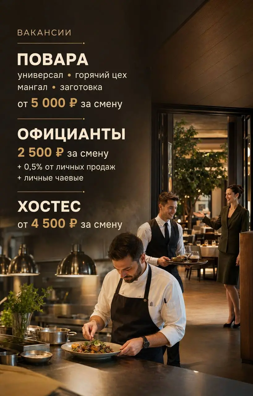 1️⃣ПОВАР-УНИВЕРСАЛ,
2️⃣ПОВАР ГОРЯЧЕГО ЦЕХА,
3️⃣ПОВАР-МАНГАЛЬЩИК,
4️⃣ПОВАР-ЗАГОТОВЩИК,
5️⃣ОФИЦИАНТ,
6️⃣ХОСТЕС
СЫРОВАРНЯ
• Москва, м | Сетка — социальная сеть от hh.ru