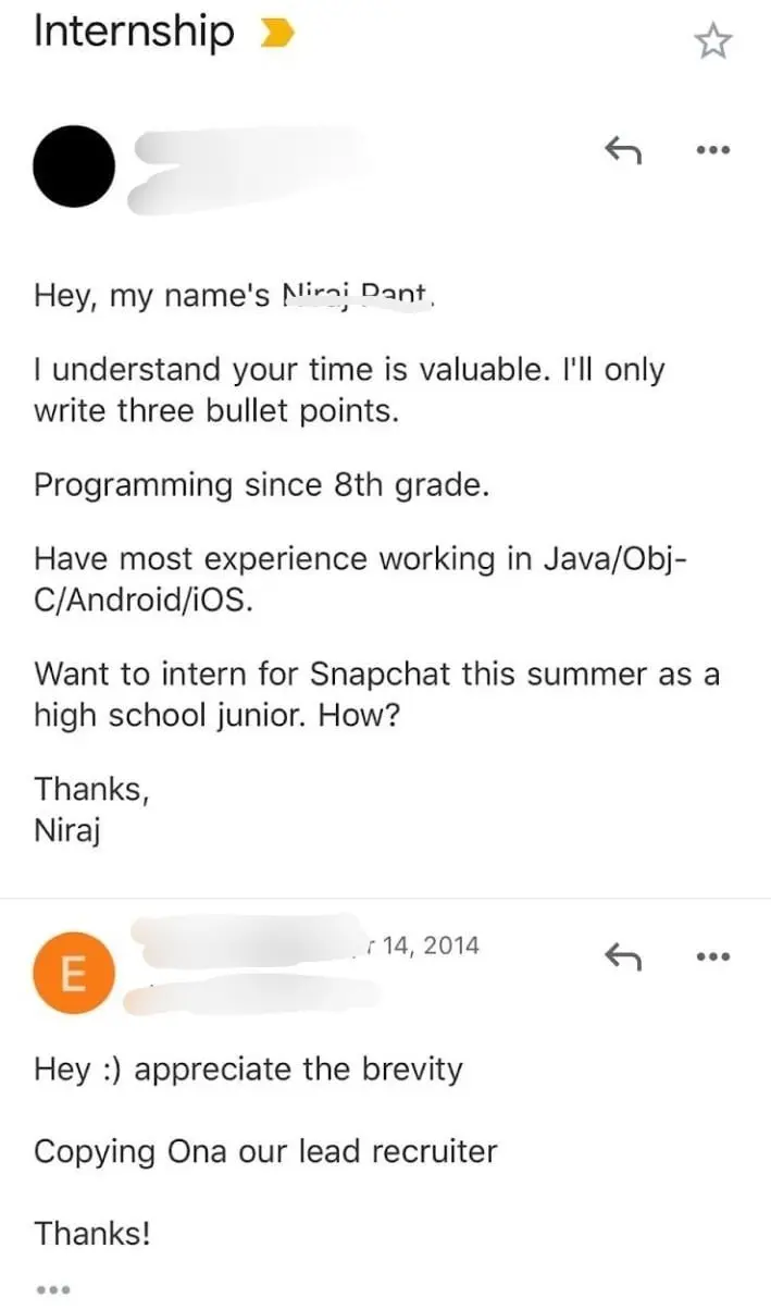 16-летний школьник устроился работать в Snapchat — просто отправил гендиректору понятное и короткое письмо, а тот передал контакты эйчару
БЛОГ В ТГ / БЛОГ В MAX
#Юмор
В этом посте были ссылки, но мы и... | Сетка — социальная сеть от hh.ru