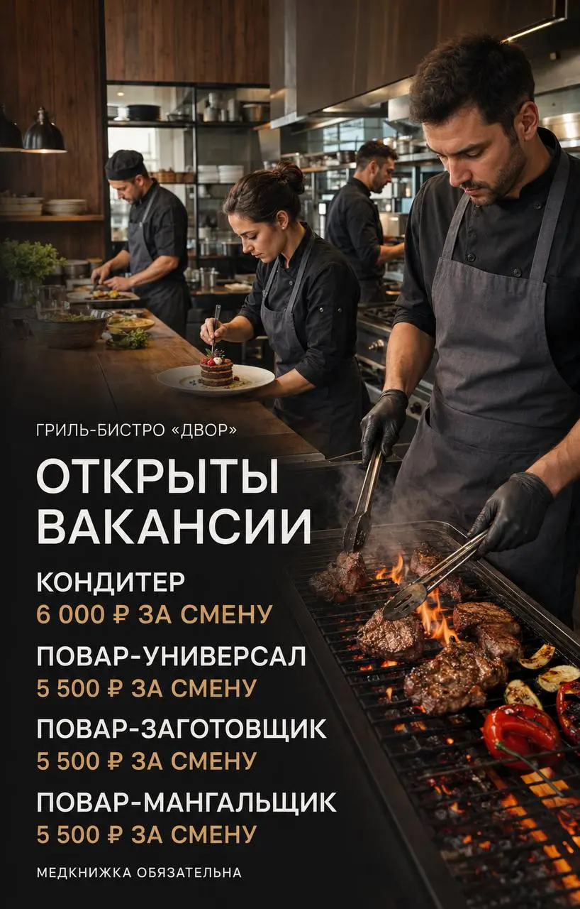 1️⃣КОНДИТЕР,
2️⃣ПОВАР-УНИВЕРСАЛ,
3️⃣ПОВАР-ЗАГОТОВЩИК,
4️⃣ПОВАР-МАНГАЛЬЩИК
ДВОР
• Москва, м. Новаторская
• Рестораны/Кафе
• +79654281808
Полное описание вакансии размещено в Телеграм и Макс | Сетка — социальная сеть от hh.ru