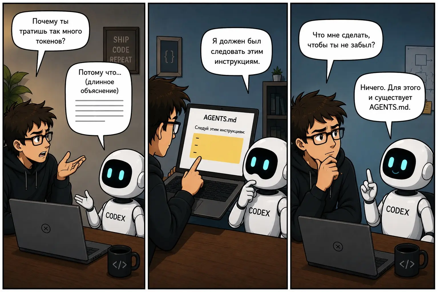 - Программист: Почему ты тратишь так много токенов?
- Codex: Потому что… (объяснение)
- Программист: Разве в AGENTS.md не указано, как это нужно делать? (показывает фрагмент файла)
- Codex: Указано | Сетка — социальная сеть от hh.ru