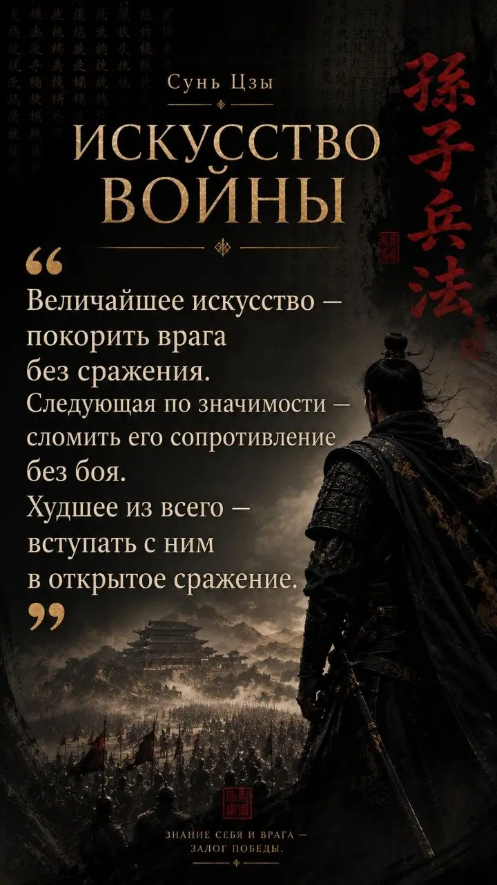⚔️ Сунь Цзы — «Искусство войны»
«Величайшее искусство — покорить врага без сражения.»
Настоящая победа достигается не силой, а мудростью | Сетка — социальная сеть от hh.ru