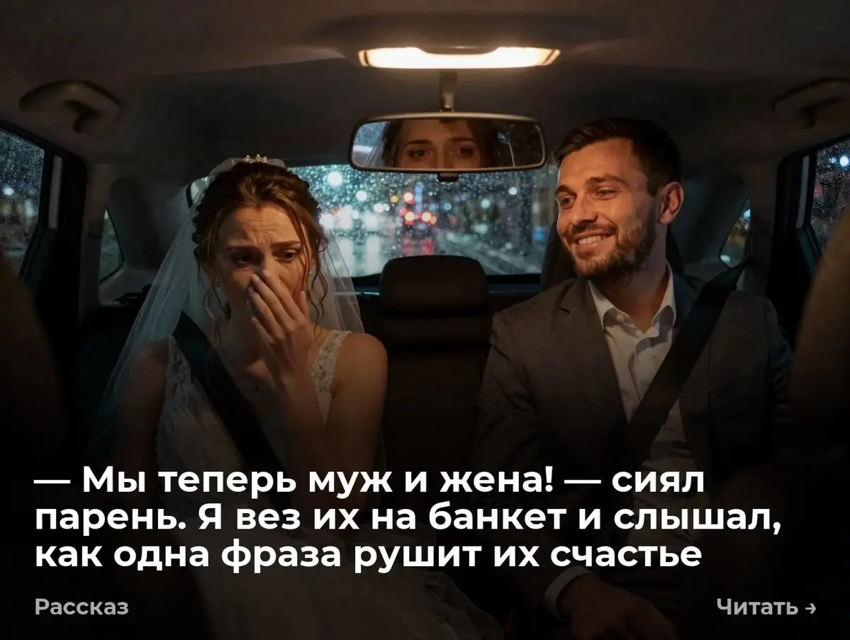 — Мы теперь муж и жена! — сиял парень. Я вез их на банкет и слышал, как одна фраза рушит их счастье
— Кутузовский, шеф, гони! — парень ввалился на заднее сиденье | Сетка — социальная сеть от hh.ru