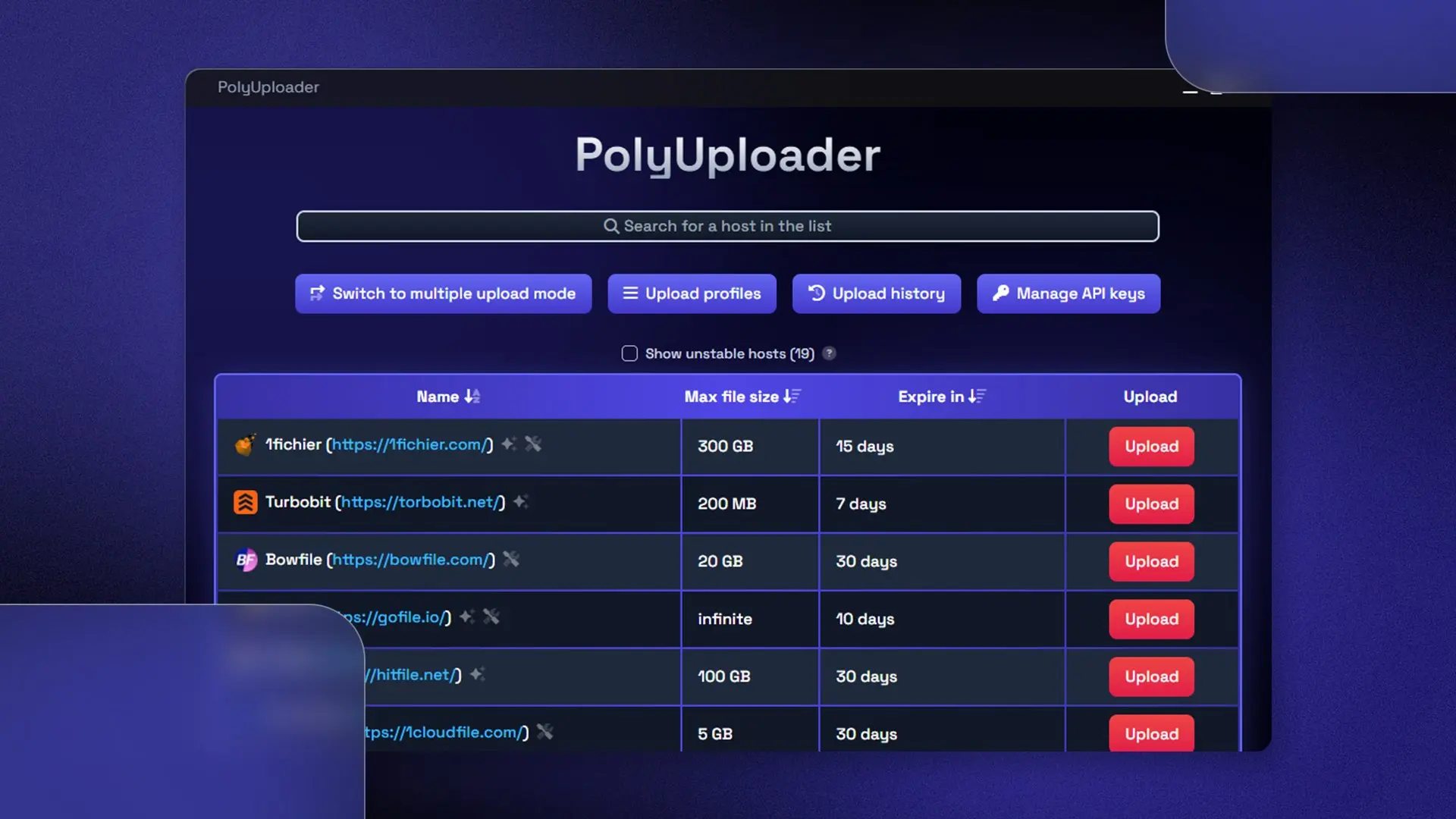 PolyUploader
Это инструмент для одновременной загрузки файлов на более чем 130 различных хостинговых сервисов | Сетка — социальная сеть от hh.ru