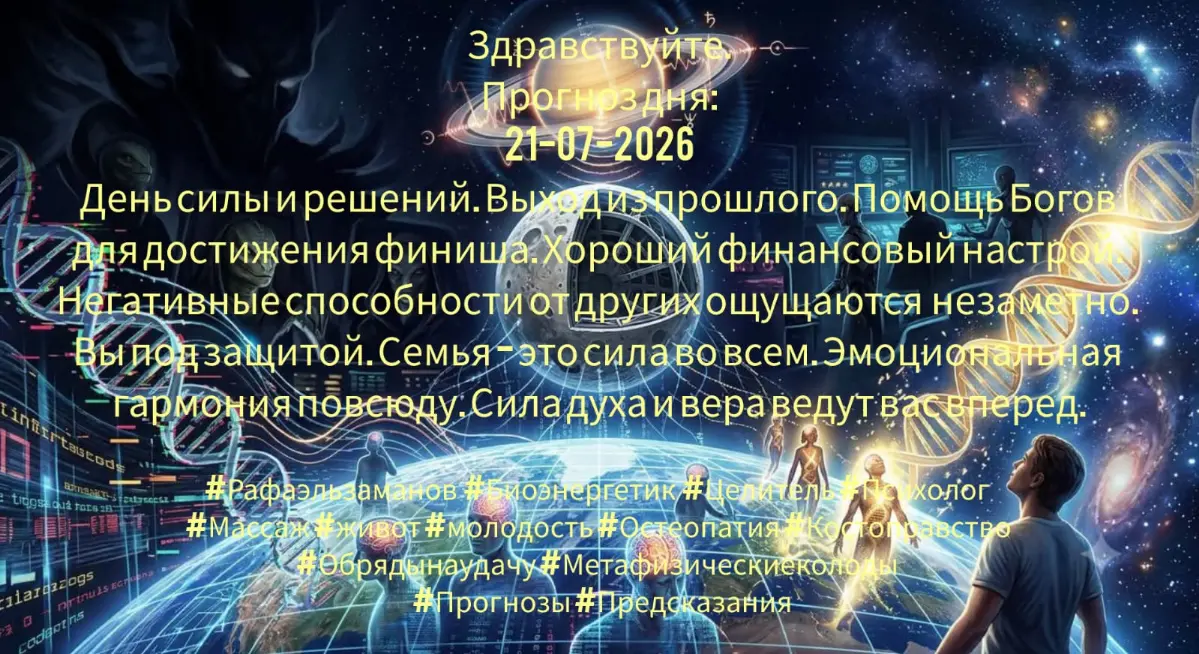 Здравствуйте.
Прогноз дня:
21-07-2026
День силы и решений. Выход из прошлого. Помощь Богов для достижения финиша. Хороший финансовый настрой. Негативные способности от других ощущаются незаметно | Сетка — социальная сеть от hh.ru