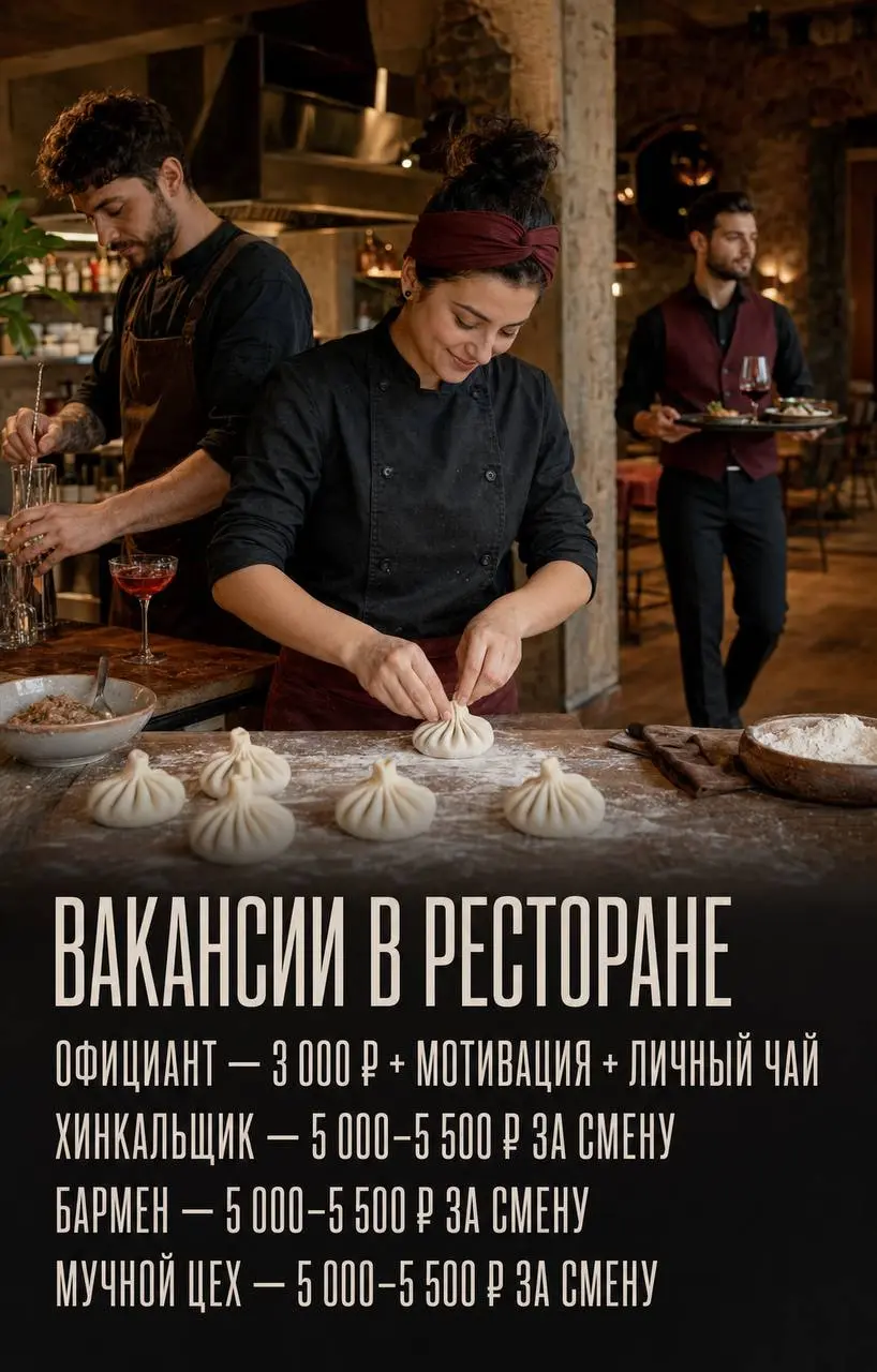 1️⃣ОФИЦИАНТ,
2️⃣ХИНКАЛЬЩИК,
3️⃣БАРМЕН,
4️⃣СОТРУДНИК МУЧНОГО ЦЕХА
Чакапули
• Москва, м. Славянский бульвар
• Рестораны/Кафе
• +79685614174
Полное описание вакансии размещено в Телеграм и Макс | Сетка — социальная сеть от hh.ru