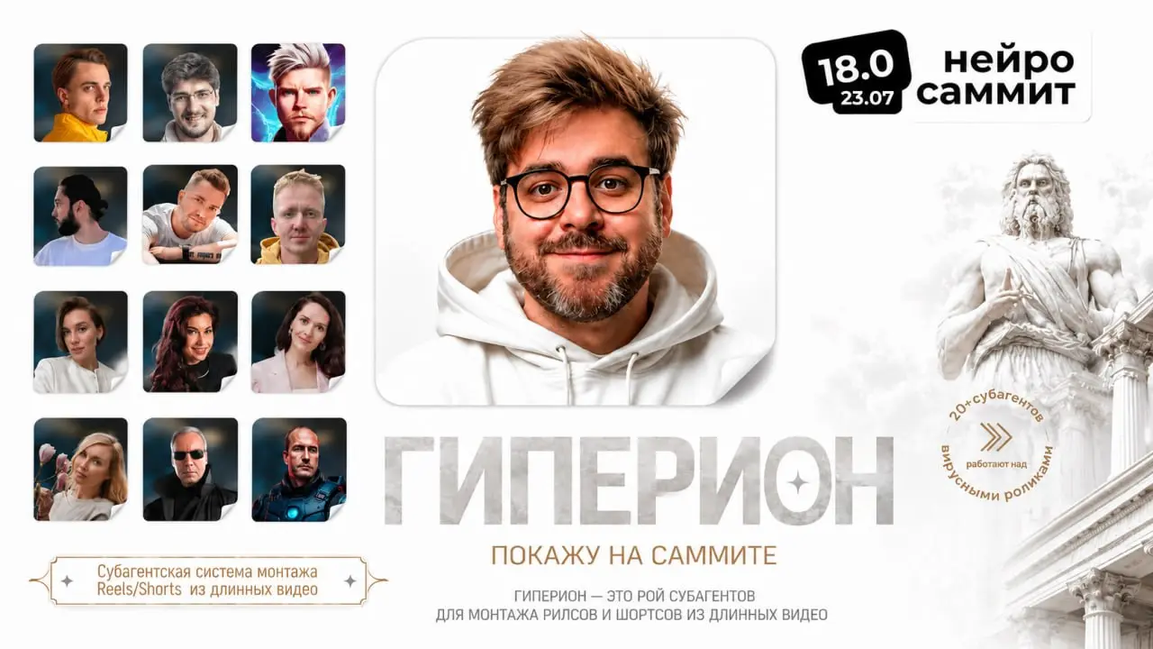 Рои субагентов, автоматизации с оркестратором. Для демонстрации покажу то что вам обещал : ГИПЕРИОН ( нарезка Shorts/Reels из длинных видео )
23 июля выступаю на NeyroSummit 18 | Сетка — социальная сеть от hh.ru