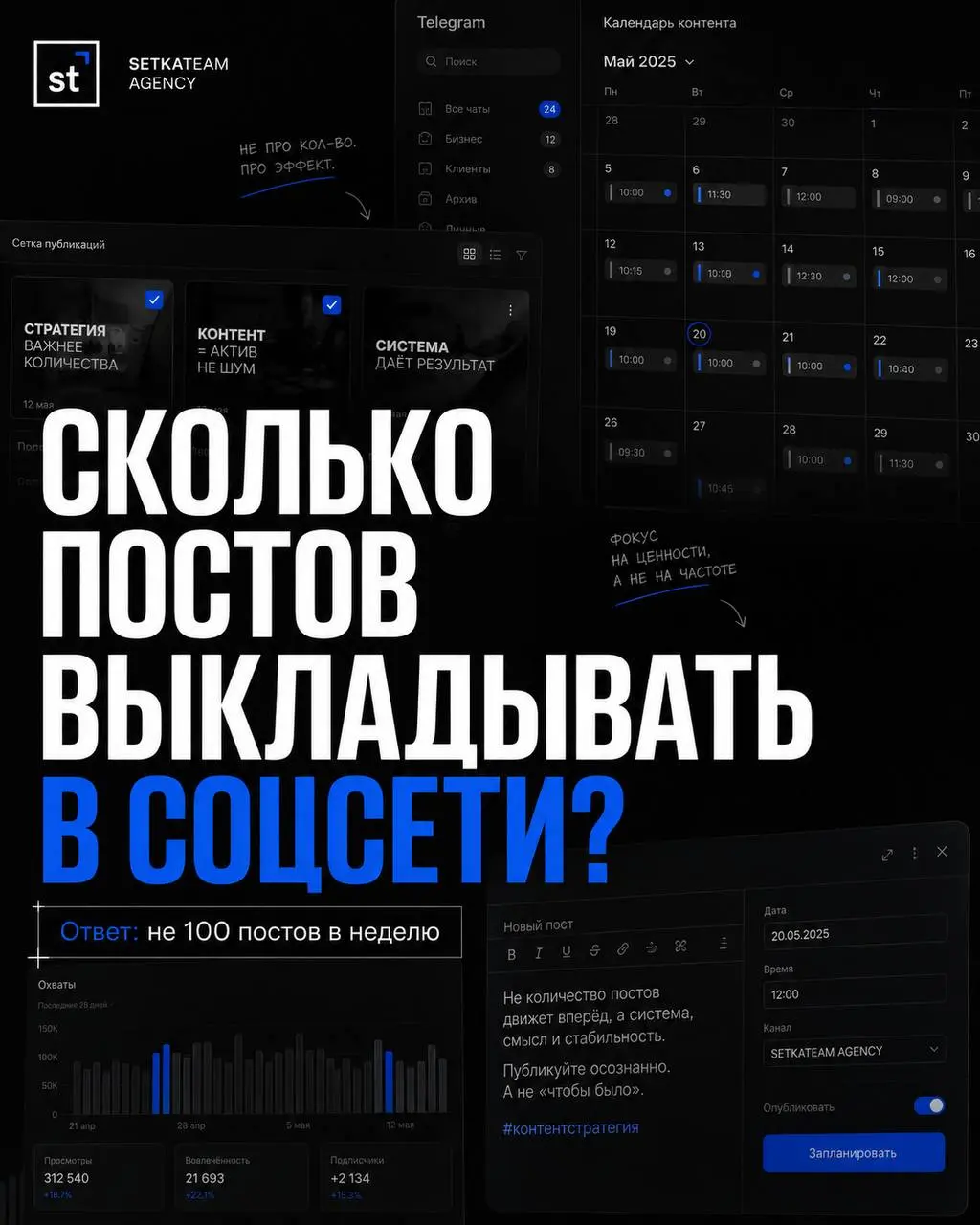 Как понять, сколько постов выкладывать в социальные сети
🗣 Очень частый вопрос на старте работы: Сколько постов нам нужно выкладывать? — И обычно бизнес ждёт какую-то универсальную норму | Сетка — социальная сеть от hh.ru