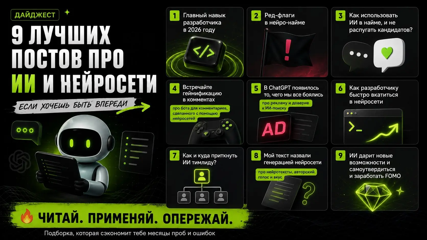 Дайджест лучших постов про ИИ и нейросети:
1. Главный навык разработчика в 2026 году
2. Ред-флаги в нейро-найме
3. Как использовать ИИ в найме, и не распугать кандидатов?
4 | Сетка — социальная сеть от hh.ru