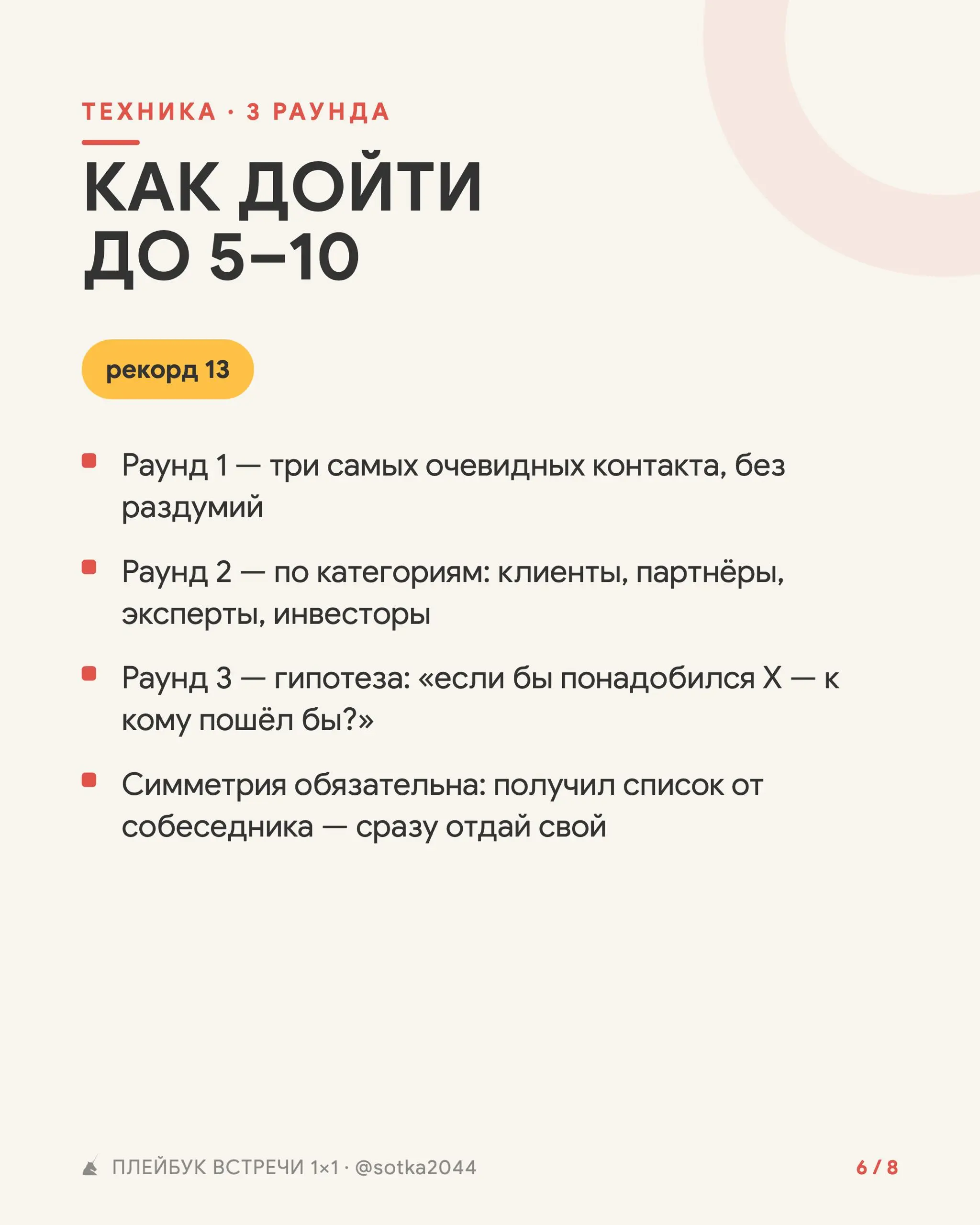 Плейбук проведения встреч 1:1 для выхода на стратегические партнерства
Используй плейбук проведения встреч, чтобы встреча прошла не просто «классно познакомились и поговорили», а дали по 5 выходов на ... | Сетка — социальная сеть от hh.ru