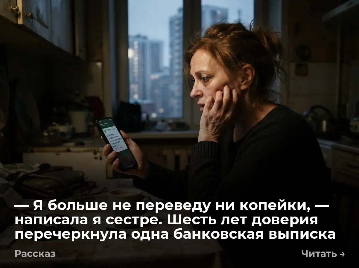— Я больше не переведу ни копейки, — написала я сестре. Шесть лет доверия перечеркнула одна банковск
Сестра 6 лет требовала скидываться на мать, пока я не заглянула в выписку по счету 08:14 | Сетка — социальная сеть от hh.ru