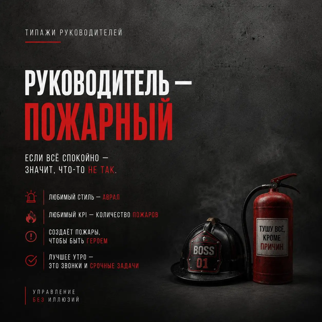 ТИПАЖИ РУКОВОДИТЕЛЕЙ
Руководитель - Пожарный 🔥
Есть люди, которые умеют управлять компанией. А есть те, кто умеет исключительно героически её спасать, причём желательно каждый день | Сетка — социальная сеть от hh.ru