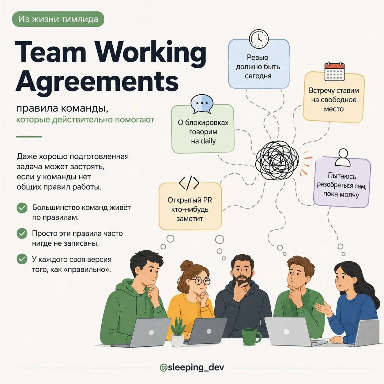 Team Working Agreements: правила команды, которые действительно помогают
Рубрика: «Из жизни тимлида»
В понедельник писал про готовность задач | Сетка — социальная сеть от hh.ru