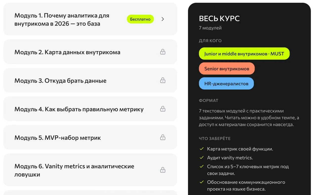 Сижу довольная, потому что мы таки запустили курс по аналитике внутренних коммуникаций (а я, соответственно, выгрузила из своей головы какие-то знания на этот счёт и теперь смогу ими делиться) | Сетка — социальная сеть от hh.ru